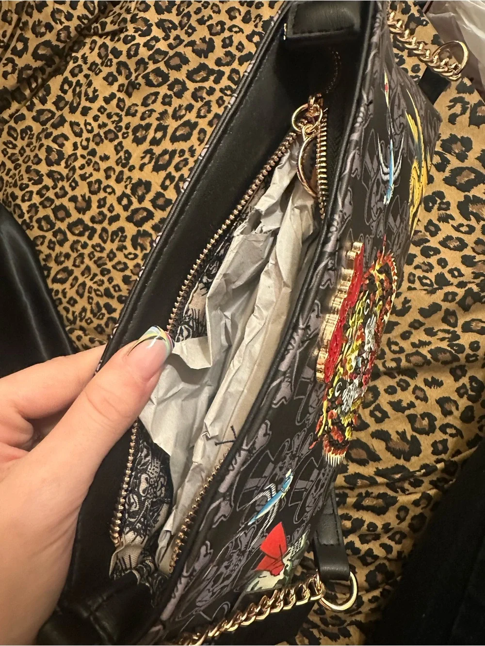 Ed Hardy Black Satchel with Multicolor Tiger and Yellow Pegasus / brand new